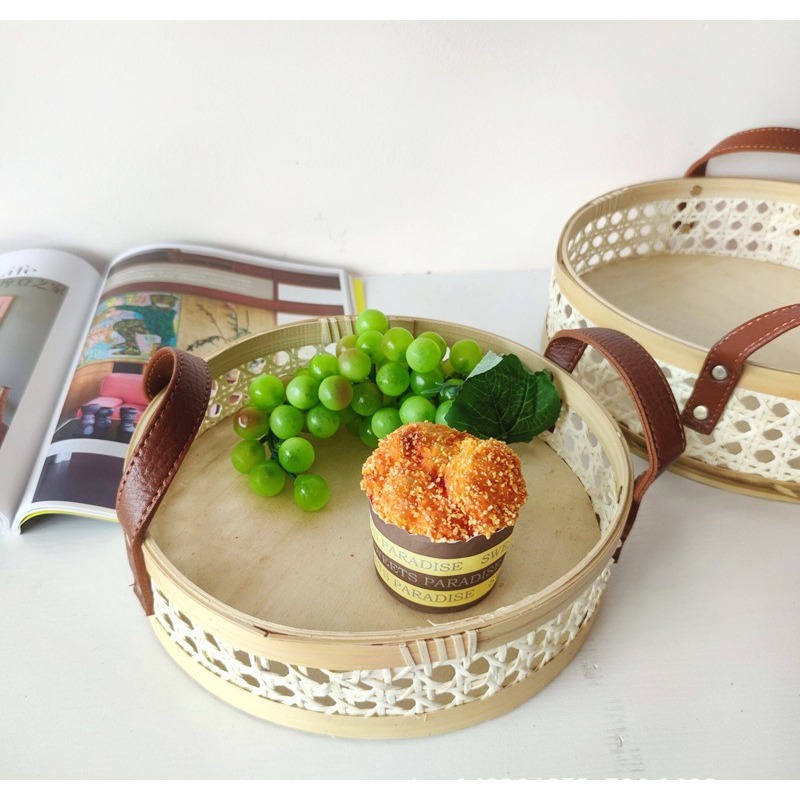 Rattan Tray Handle - 수제 레트로 북유럽풍 라탄 트레이 가죽