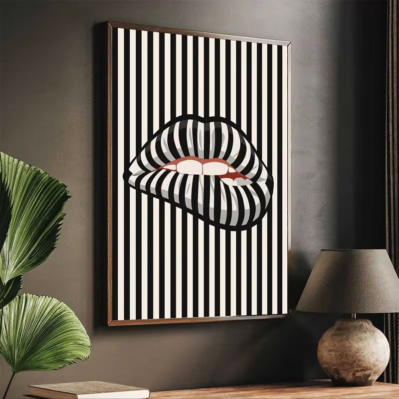 간단하고 추상적인 줄무늬 입술 모양의 캔버스 포스터 아 - Interior Design Modern 리뷰 및 가격