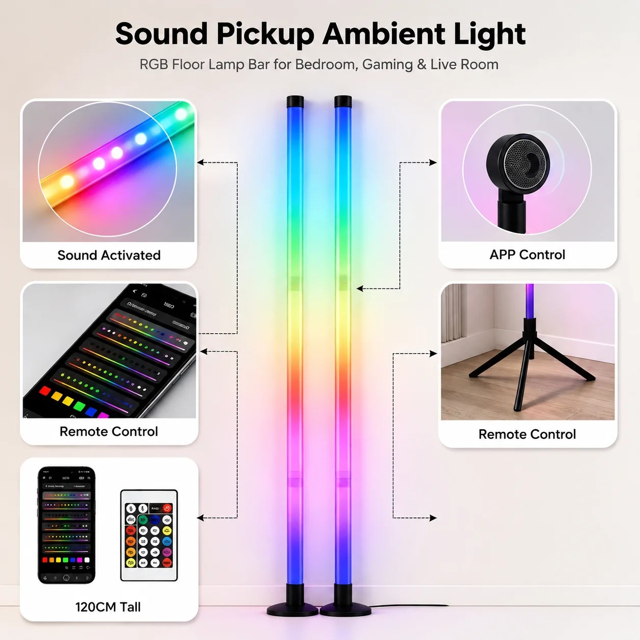 2개입 120CM RGB 플로어 램프, 사운드 반응형  - Interior Design Room 리뷰 및 가격