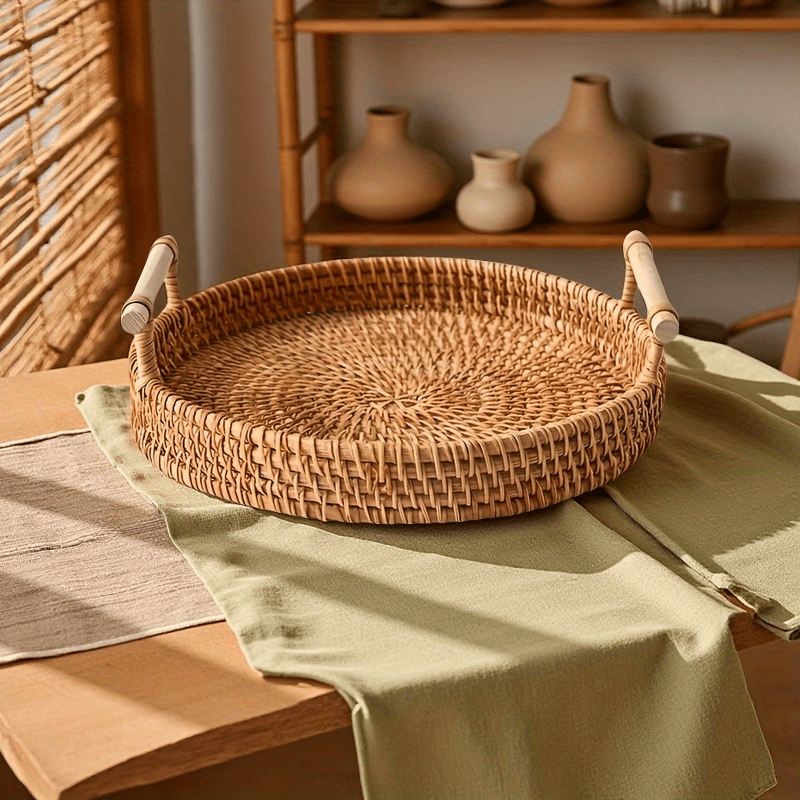 수제 라탄 원형 트레이 (이중 손잡이 포함) - 차,  - Rattan Tray Handle 리뷰 및 가격
